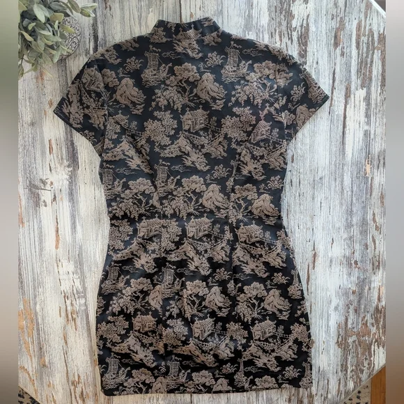 Vintage Cheongsam Qipao Mini Zippered Dress Black Gold Women's Small - Picture 5 of 8